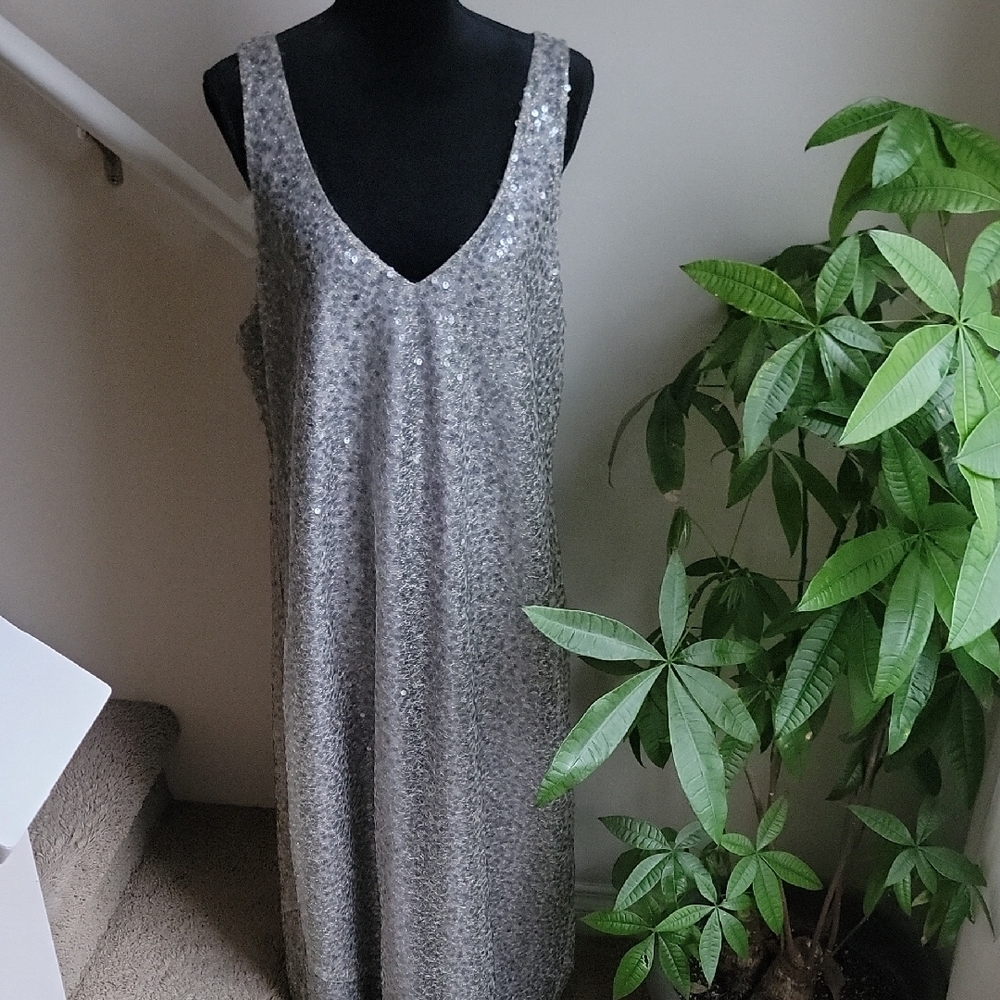 VINCE Elegant Silver Sequin Maxi Dress